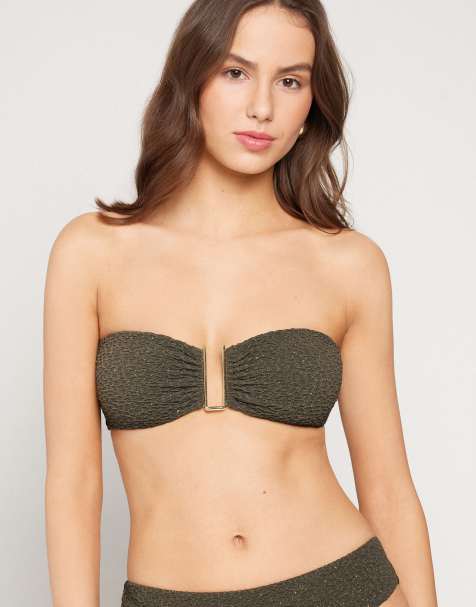 Tezenis Crinkle dune bandeau bikini top in green camo - view 1
