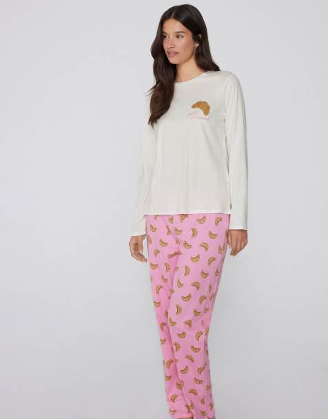 Tezenis Croissant patch long cotton pyjamas in ivory milk and croissant patch - view 1