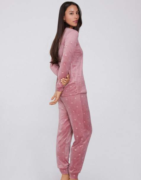 Tezenis Devoré print long microfleece pyjamas in rose polka dots - view 1