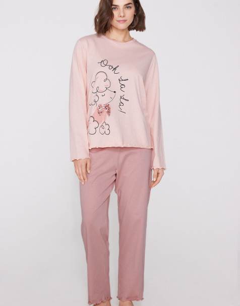 Tezenis Dog print long cotton pyjamas in pink paris with poodle - view 1
