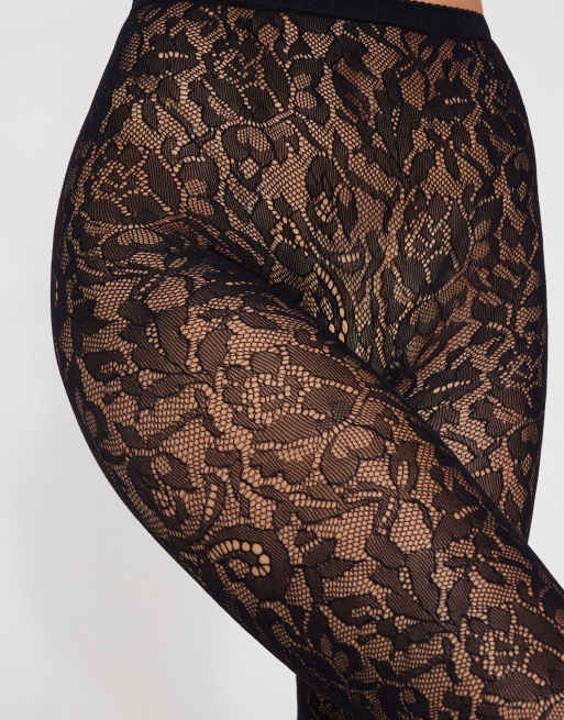 Tezenis Floral lace fishnet tights in black, 2 of 2