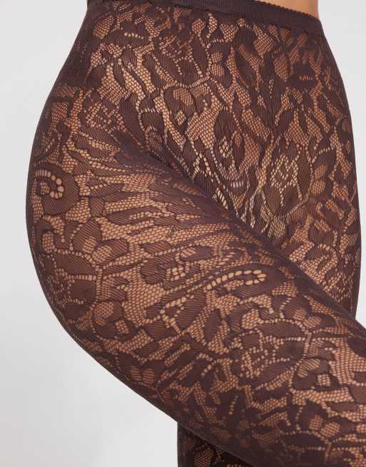 Tezenis Floral lace fishnet tights in choco wine, 2 of 2