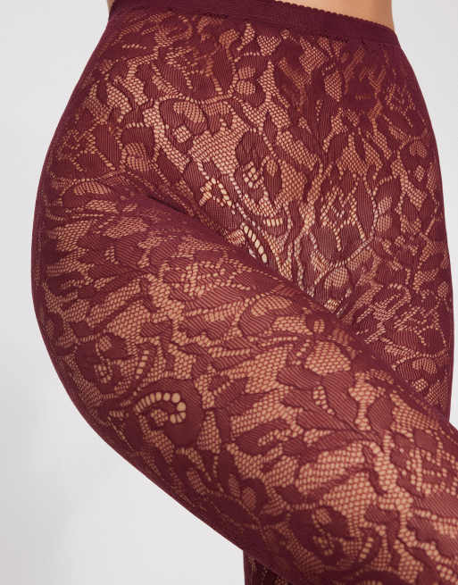 Tezenis Floral lace fishnet tights in precious ruby, 2 of 2