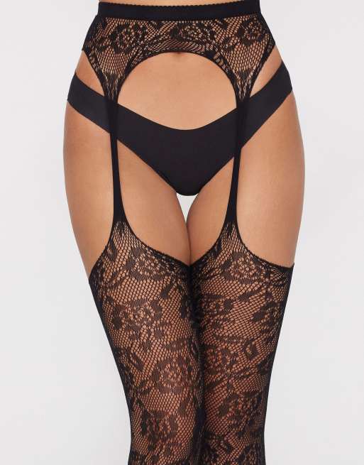 Tezenis Floral pattern fishnet tights in black, 2 of 2