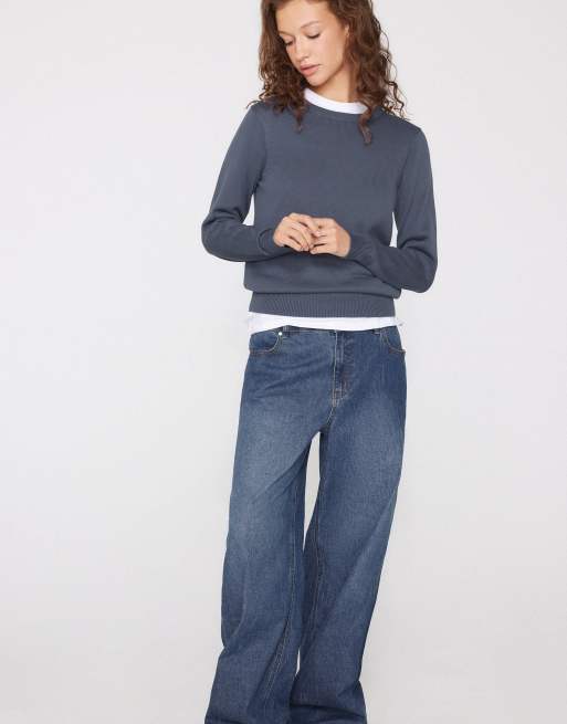 Tezenis Fully-fashioned round neck jumper in smoky blue, 2 of 3