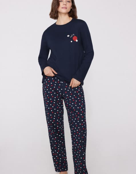 Tezenis Ladybug print cotton long pyjamas in absolute blue with ladybirds - view 1