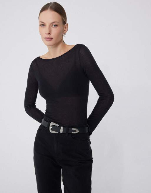 Tezenis Lightweight boat neck top in black, 3 of 4