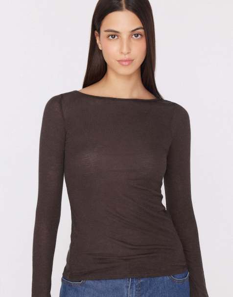 Tezenis Lightweight boat neck top in dark chocolate brown