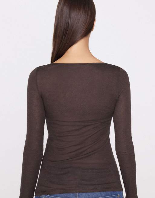 Tezenis Lightweight boat neck top in dark chocolate brown, 2 of 5
