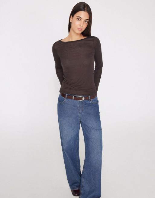 Tezenis Lightweight boat neck top in dark chocolate brown, 3 of 5