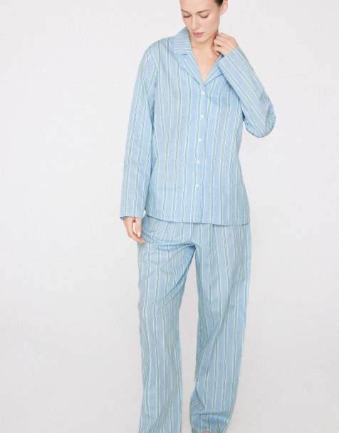 Tezenis Long button-front cotton canvas pyjamas in blue/green stripes - view 1