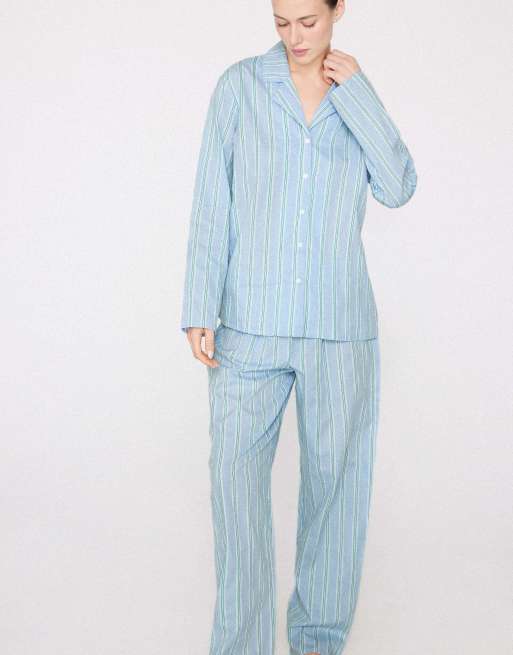Tezenis Long button-front cotton canvas pyjamas in blue/green stripes, 4 of 4