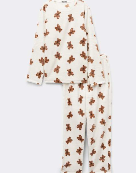 Tezenis Long fleece pyjamas with bear print in milk - view 1