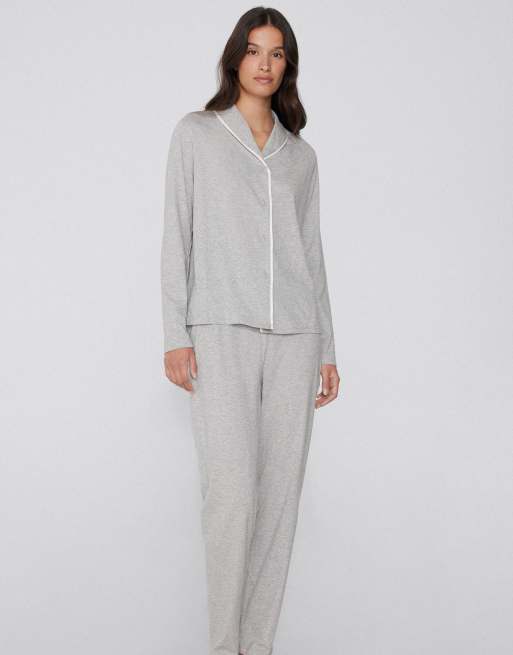 Tezenis Long open cotton pyjamas in light grey melange and milk