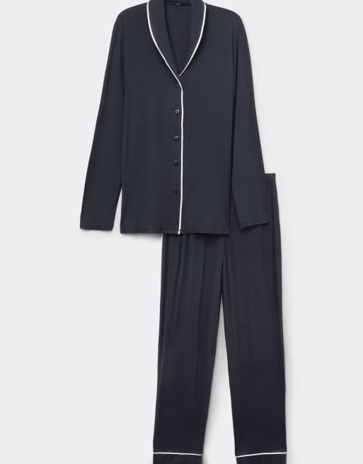 Tezenis Long open viscose pyjamas in black/milk, 3 of 4