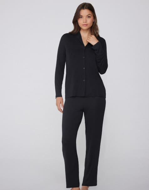 Tezenis Long open viscose pyjamas in black - view 1