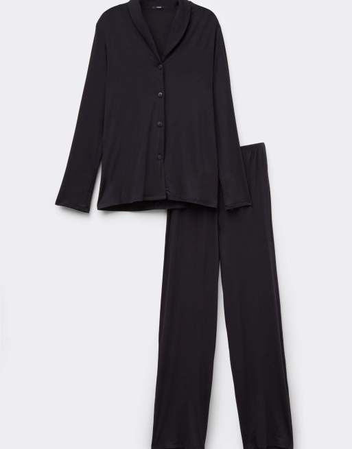 Tezenis Long open viscose pyjamas in black, 3 of 4