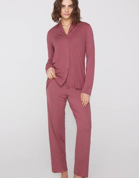 Tezenis Long open viscose pyjamas in medium rose - view 1