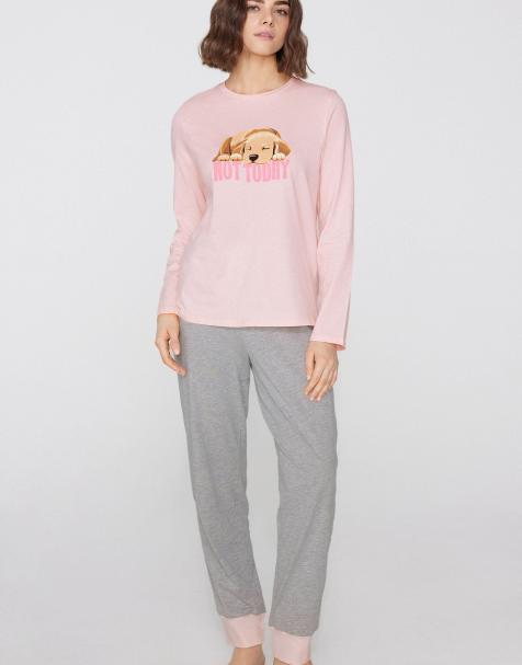 Tezenis Long pyjamas printed not today in light pink with dogs - view 1