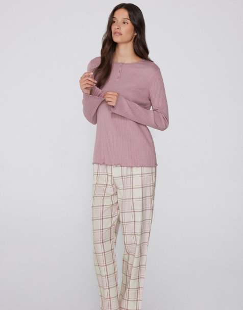 Tezenis Long ribbed cotton canvas pyjamas in dusty pink check - view 1