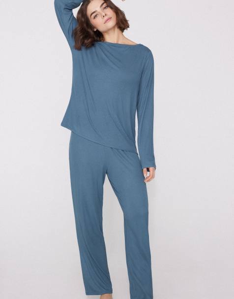 Tezenis Long ribbed pyjamas with boat neckline in morning blue - view 1