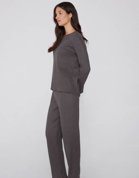 Tezenis Long ribbed round neck pyjamas in dark grey - view 1