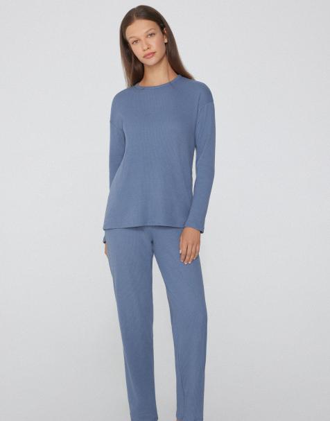 Tezenis Long ribbed round neck pyjamas in space blue - view 1