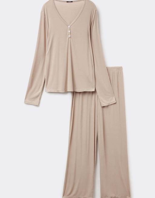 Tezenis Long ribbed viscose pyjamas in cappuccino, 3 of 4
