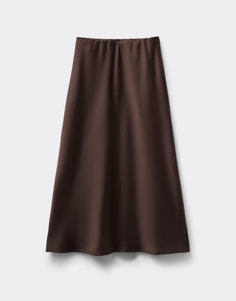 Tezenis Long satin bell skirt in chocolate - view 1