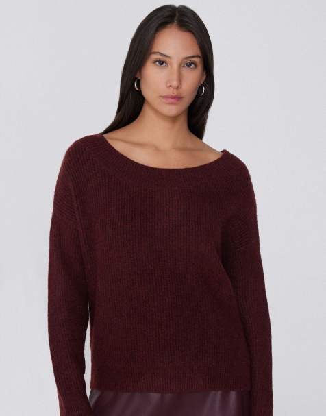 Tezenis Long sleeve boat neck ribbed jumper in dark ruby - view 1