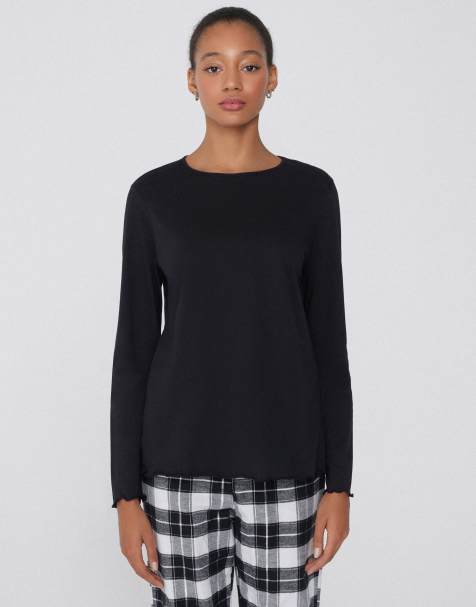 Tezenis Long sleeve cotton top with rolled hem in black - view 1
