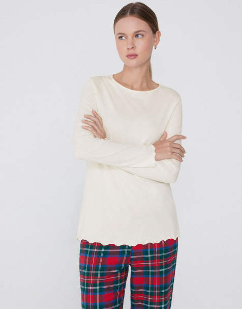 Tezenis Long sleeve cotton top with rolled hem in milk white - view 1