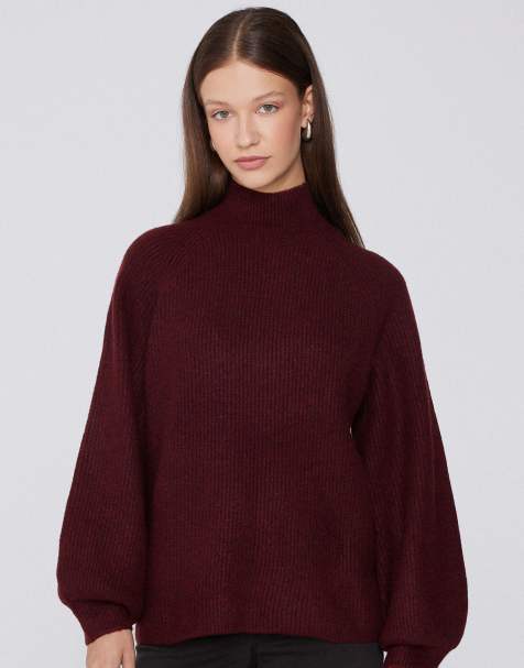 Tezenis Long sleeve crater neck ribbed jumper in dark ruby - view 1