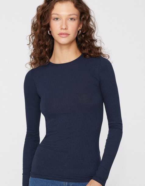 Tezenis Long sleeve round neck ribbed top in absolute blue - view 1