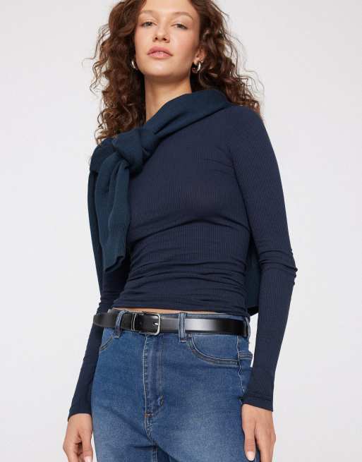 Tezenis Long sleeve round neck ribbed top in absolute blue, 3 of 4