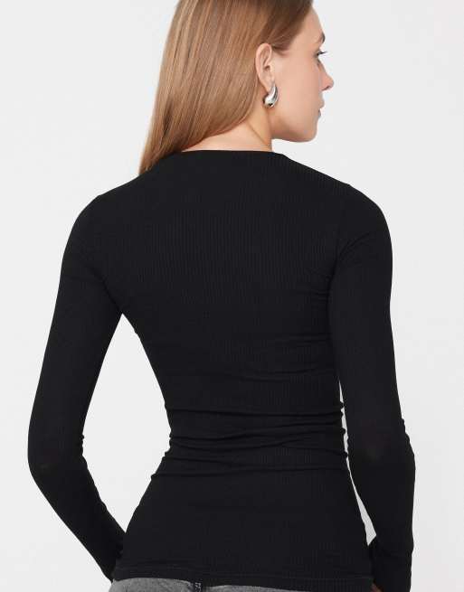 Tezenis Long sleeve round neck ribbed top in black, 4 of 4