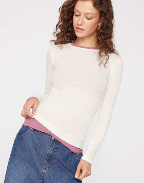 Tezenis Long sleeve round neck ribbed top in milky white - view 1