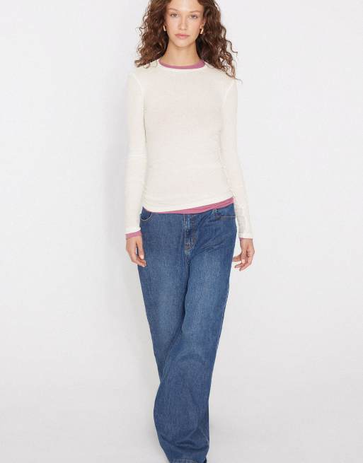 Tezenis Long sleeve round neck ribbed top in milky white, 2 of 4