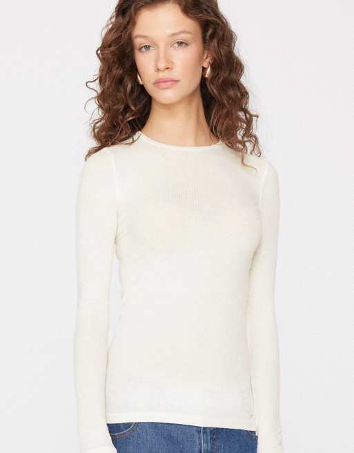 Tezenis Long sleeve round neck ribbed top in milky white, 3 of 4