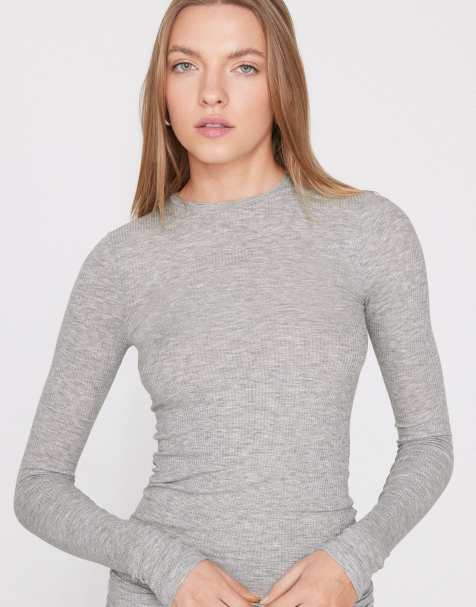 Tezenis Long sleeve round neck ribbed top in mottled light grey - view 1