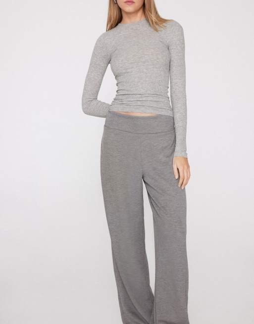 Tezenis Long sleeve round neck ribbed top in mottled light grey, 3 of 4