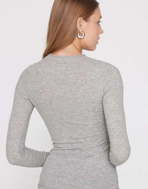 Tezenis Long sleeve round neck ribbed top in mottled light grey, 4 of 4