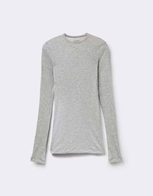 Tezenis Long sleeve round neck ribbed top in mottled light grey, 5 of 5