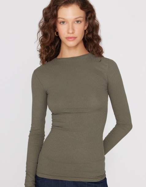 Tezenis Long sleeve round neck ribbed top in pastel military - view 1