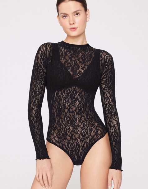 Tezenis Long sleeve seamless floral lace body in black - view 1
