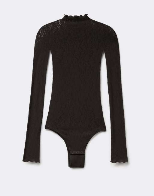 Tezenis Long sleeve seamless floral lace body in black, 5 of 5