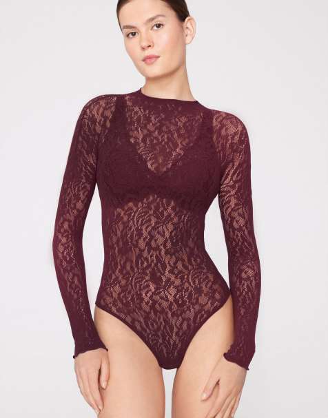 Tezenis Long sleeve seamless floral lace body in precious ruby - view 1