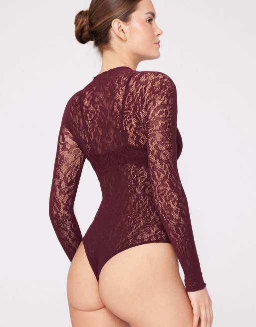 Tezenis Long sleeve seamless floral lace body in precious ruby, 2 of 5