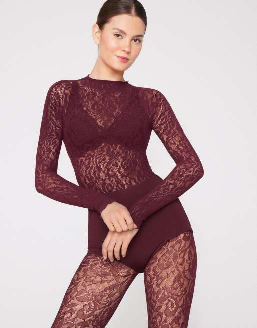 Tezenis Long sleeve seamless floral lace body in precious ruby, 4 of 5