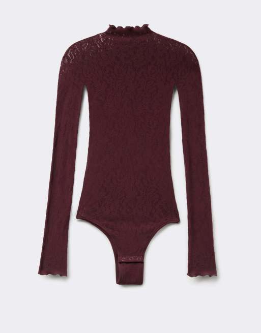 Tezenis Long sleeve seamless floral lace body in precious ruby, 5 of 5